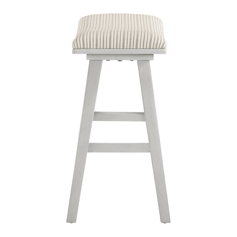 24" Saddle Stool 2-Pack With Cream Pin Stripe Fabric Seat And White Wash Frame