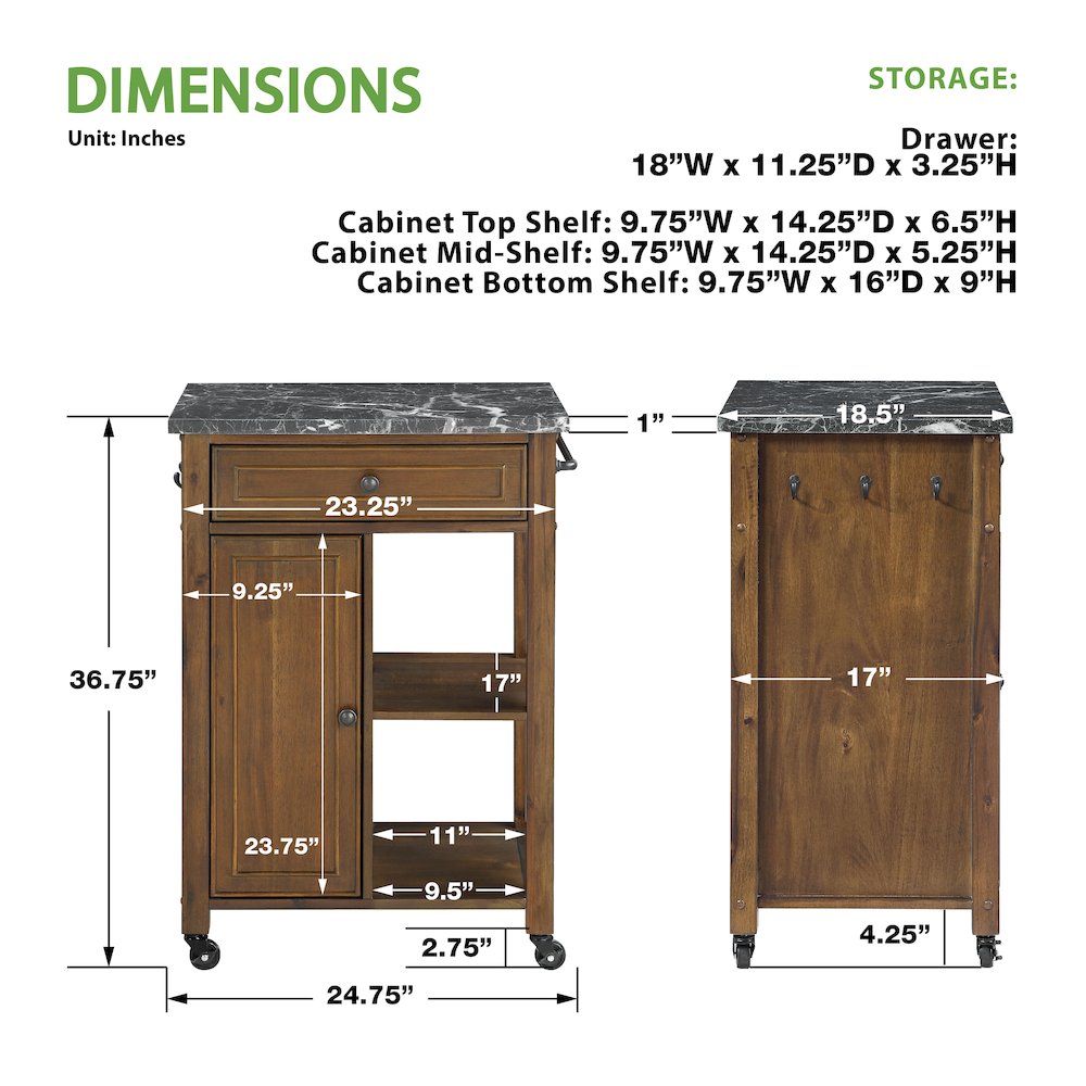 Fairmont Kitchen Cart With Faux Marble Top and Oak Finish Wood