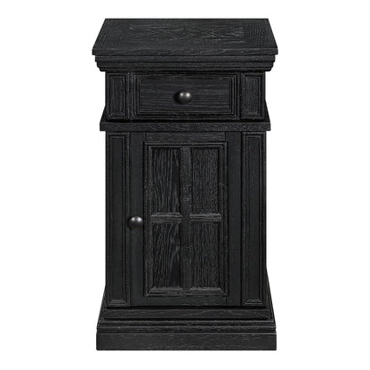 Chair Side Table with 1 Drawer and 1 Glass Door with Power Strip in Black Finish