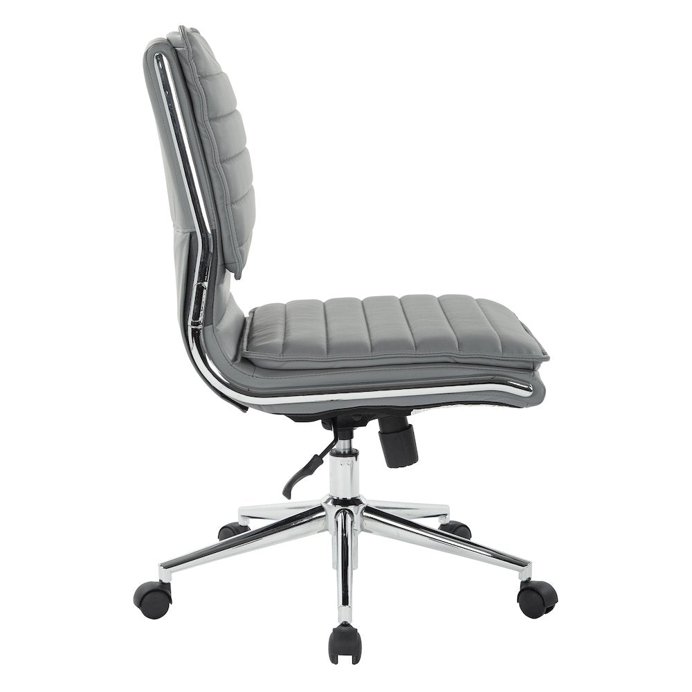 Armless Mid Back Manager's Faux Leather Chair in Charcoal with Chrome Base.