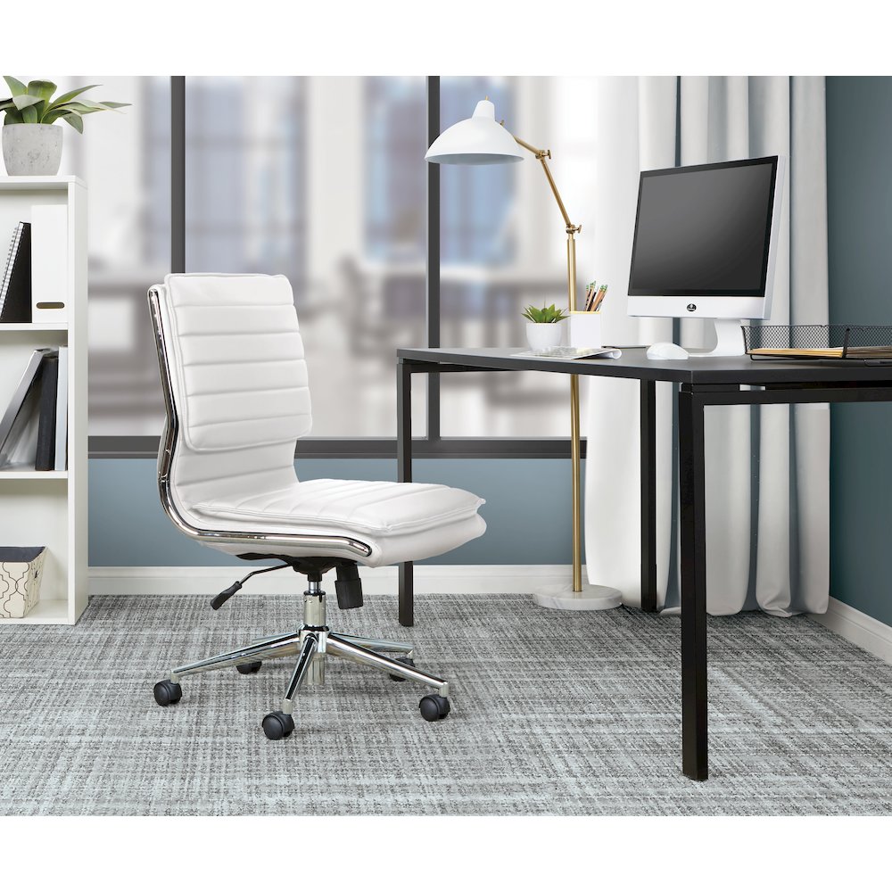 Armless Mid Back Manager's Faux Leather Chair in White with Chrome Base.
