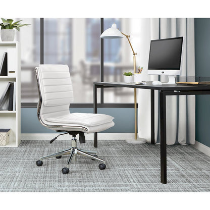 Armless Mid Back Manager's Faux Leather Chair in White with Chrome Base.