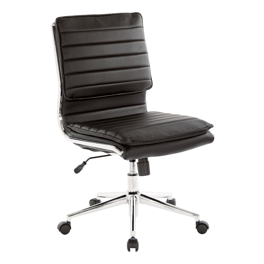 Armless Mid Back Manager's Faux Leather Chair in Black with Chrome Base.