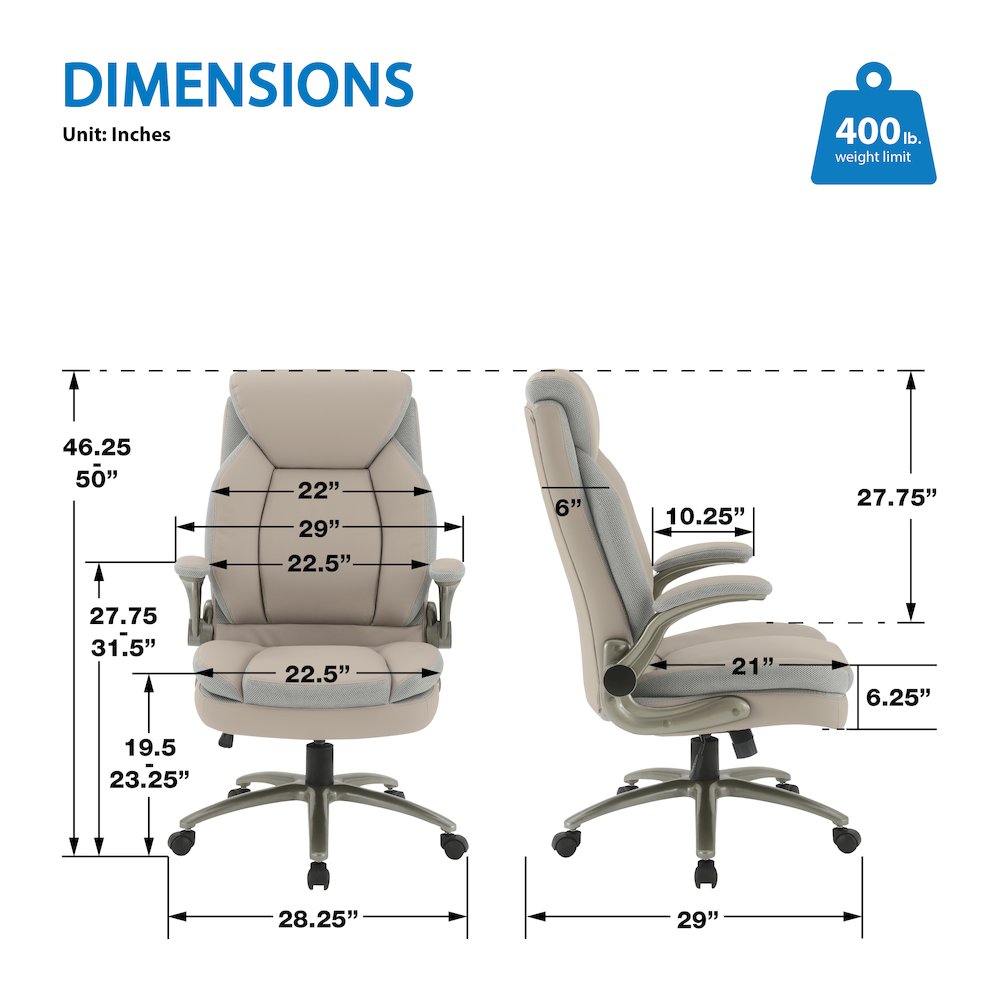 Taupe Leather Big & Tall Chair with Padded Flip Arms and Titanium Base