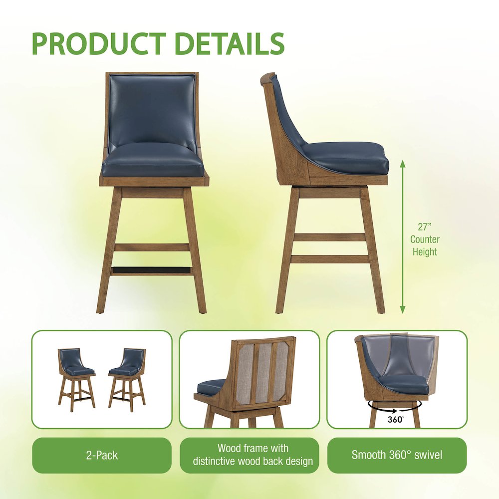 Darnel 26" Swivel Counter Stool 2-Pack in Navy Faux Leather