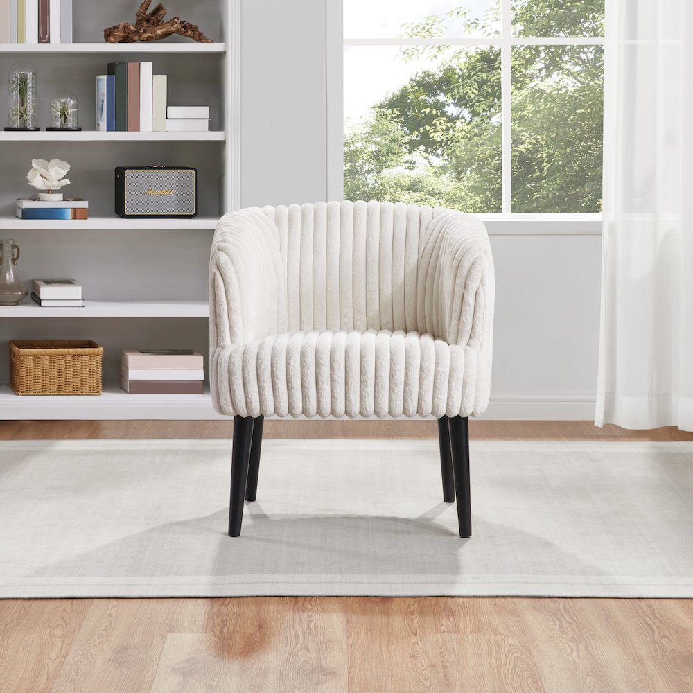 Rachel Accent Chair In White Cord Fur Fabric With Black Legs