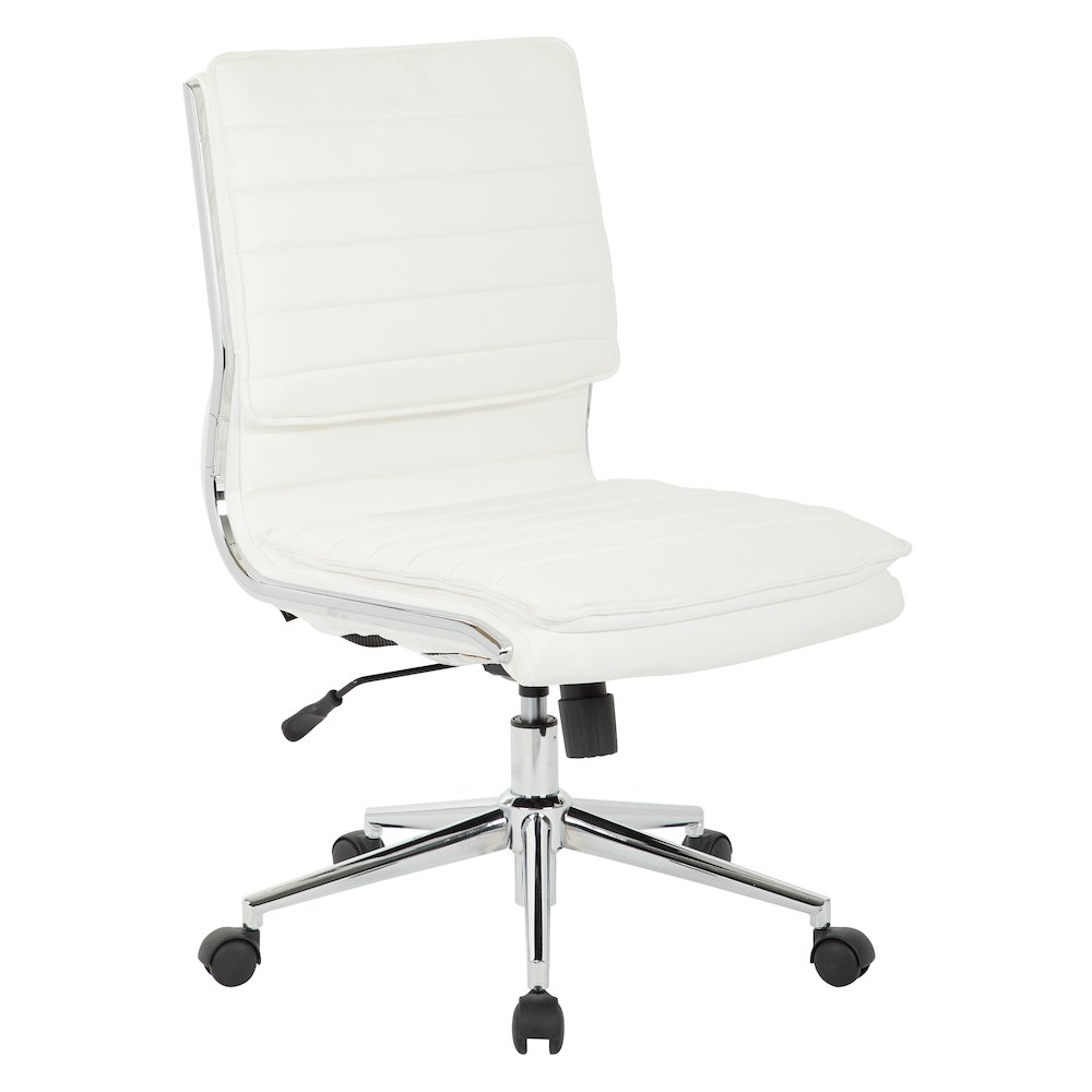 Armless Mid Back Manager's Faux Leather Chair in White with Chrome Base.
