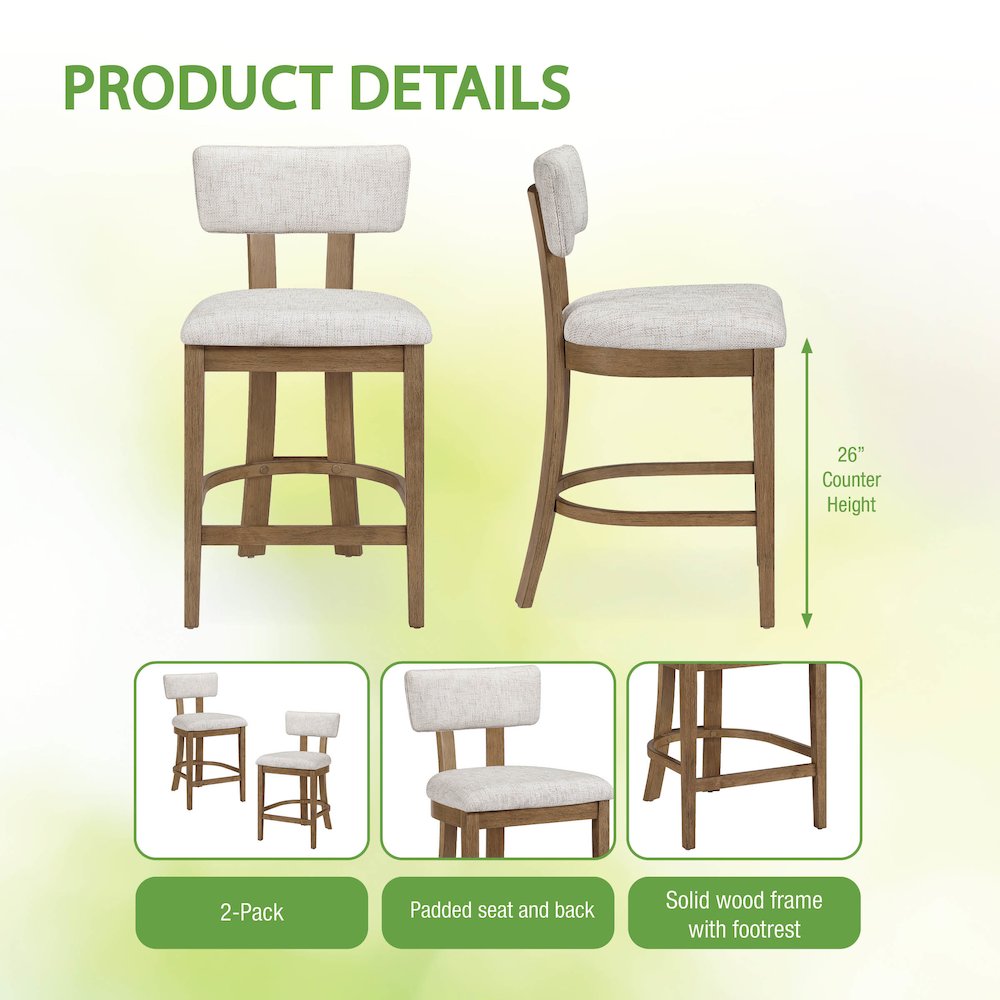 Hanson 26" Counter Stool with Linen Fabric and Medium Oak Wood, 2-Pack