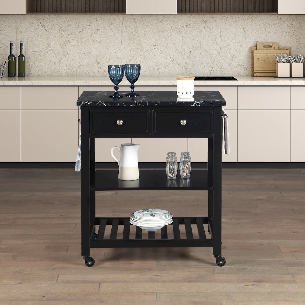 Litchfield Kitchen Cart With Faux Marble Top in Black Finish