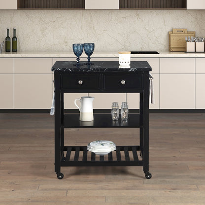 Litchfield Kitchen Cart With Faux Marble Top in Black Finish