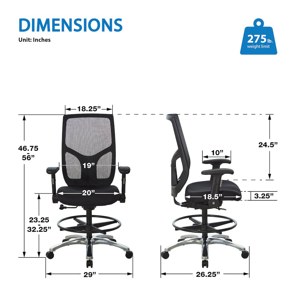 ProGrid Mesh Back Drafting Chair in  FreFlex Coal Fabric with Padded Seat