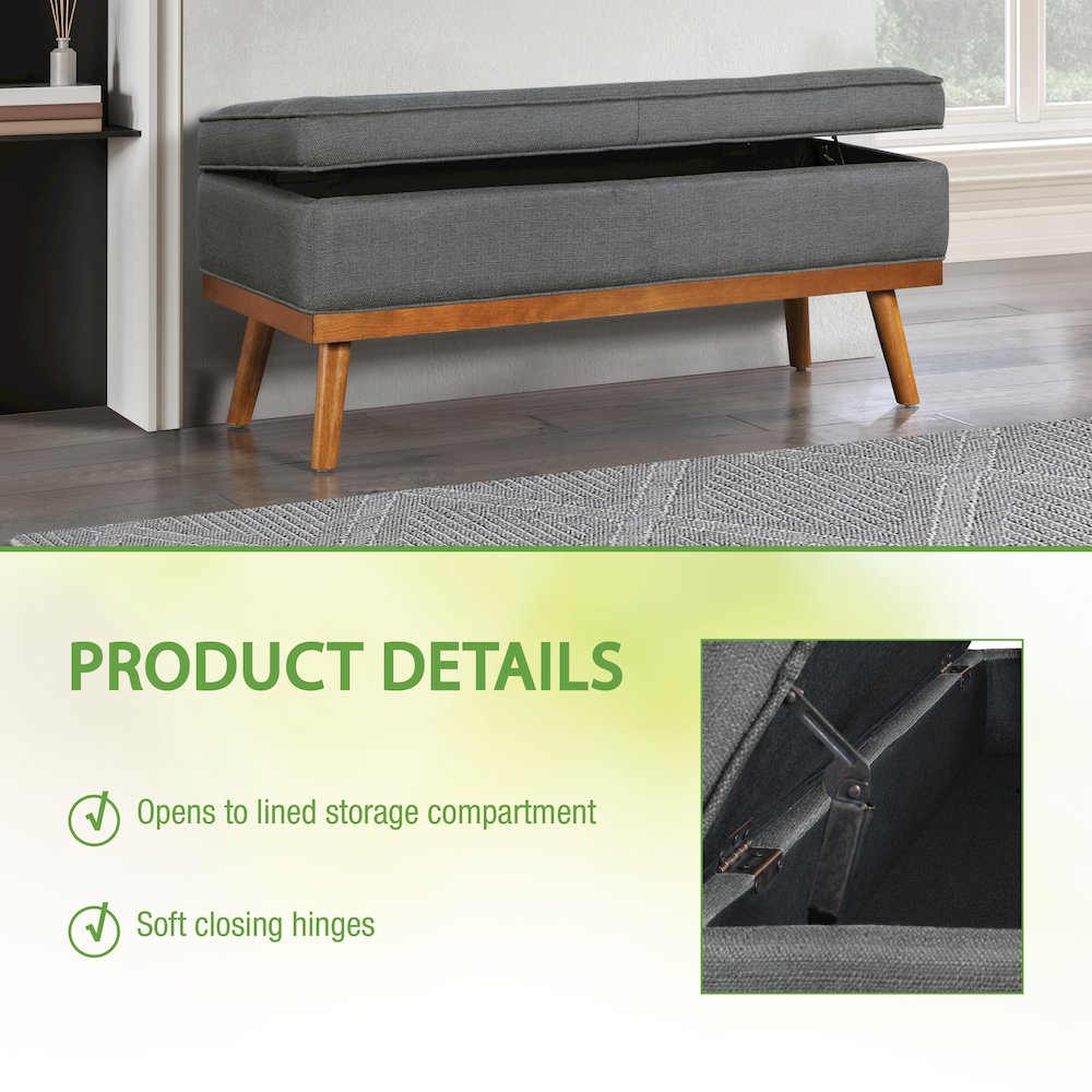 Katheryn Storage Bench in Charcoal Fabric with Spice Finish Legs