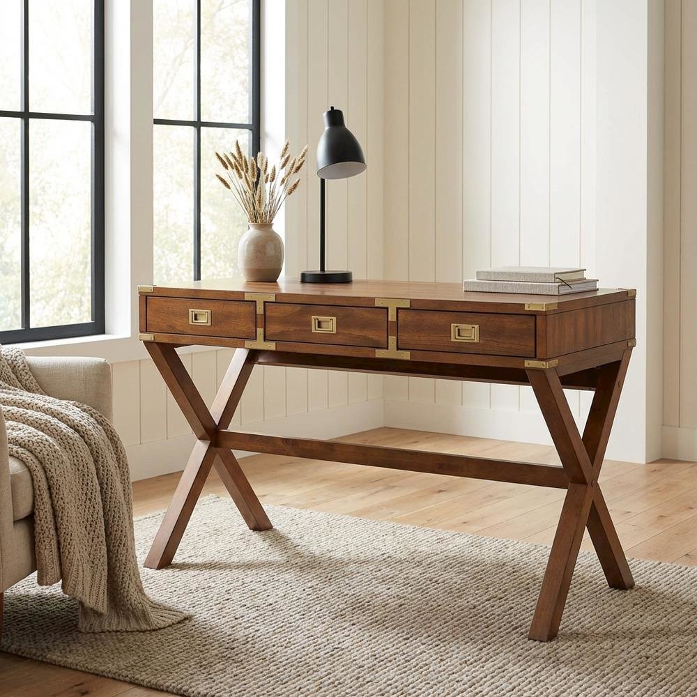 Wooden Office Desk With Power Outlets In Toasted Wheat Finish