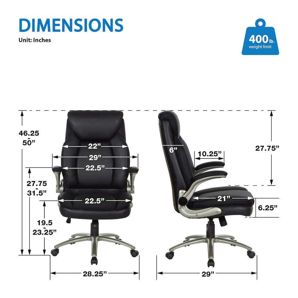 Black Leather Big & Tall Chair with Padded Flip Arms and Titanium Base