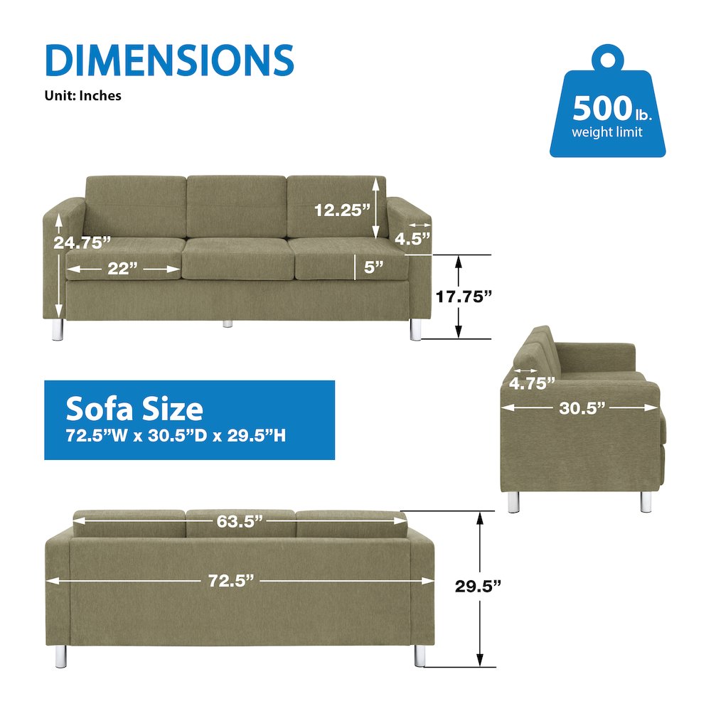 Pacific Sofa in Sea Green Fabric with Chrome Legs