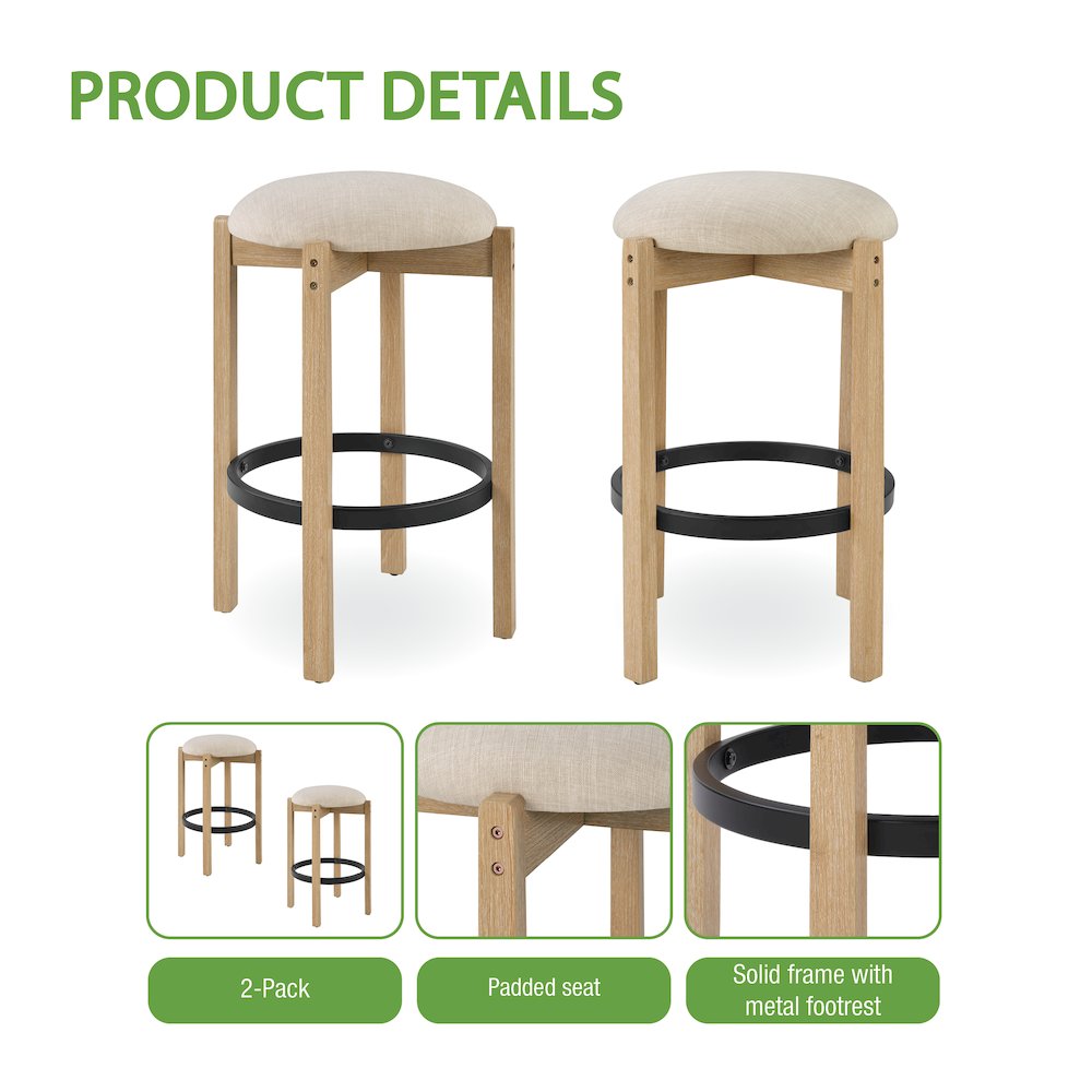 Melissa 26" Counter Stools 2-Pack With Cream Fabric Seat and Natural Finish Wood