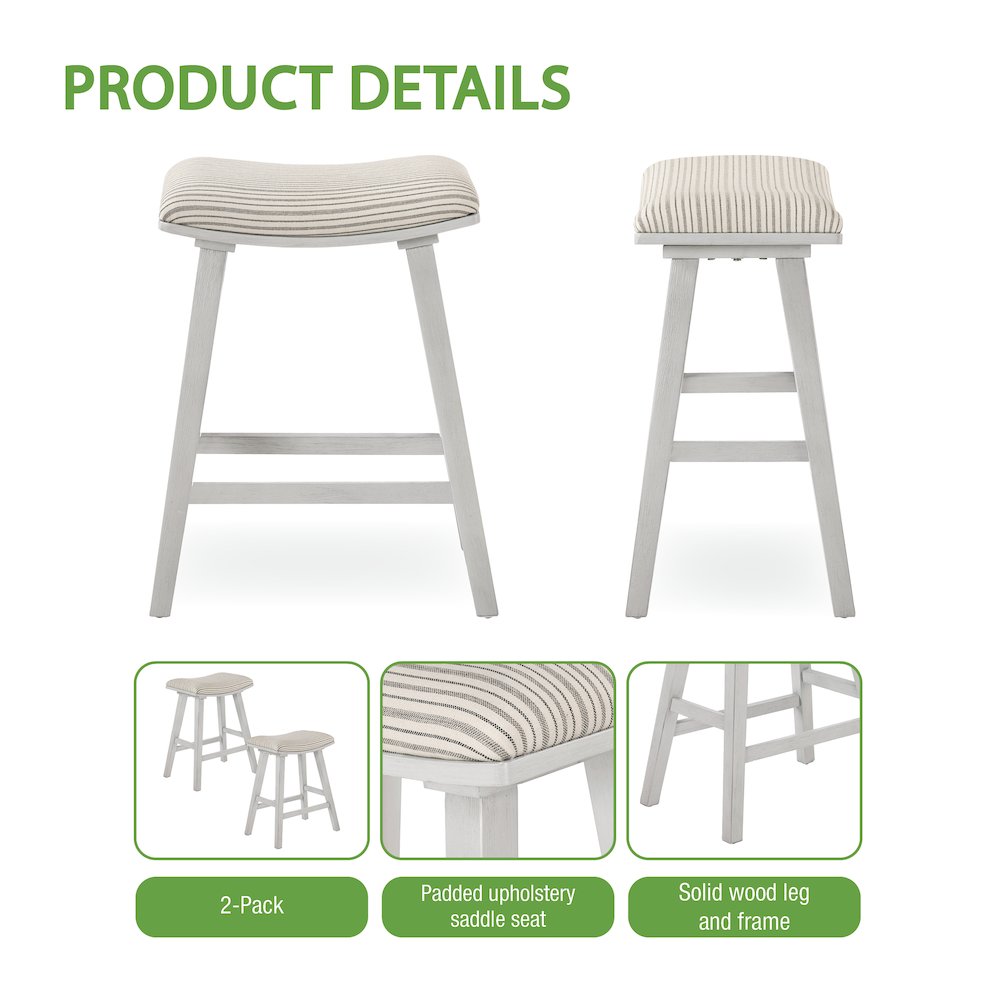 24" Saddle Stool 2-Pack With Cream Pin Stripe Fabric Seat And White Wash Frame