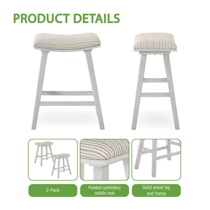 24" Saddle Stool 2-Pack With Cream Pin Stripe Fabric Seat And White Wash Frame