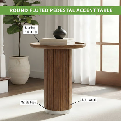 Round Solid Wood Pedestal Fluted Accent Table in Golden Honey Finish