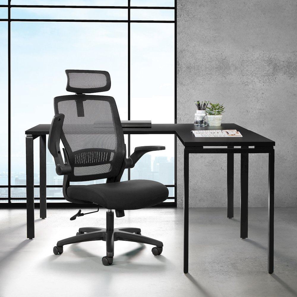 Managers Chair With Mesh Back In Black Fabric Seat Molded Foam