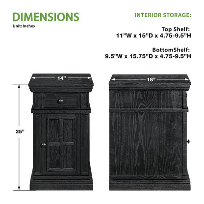Chair Side Table with 1 Drawer and 1 Glass Door with Power Strip in Black Finish