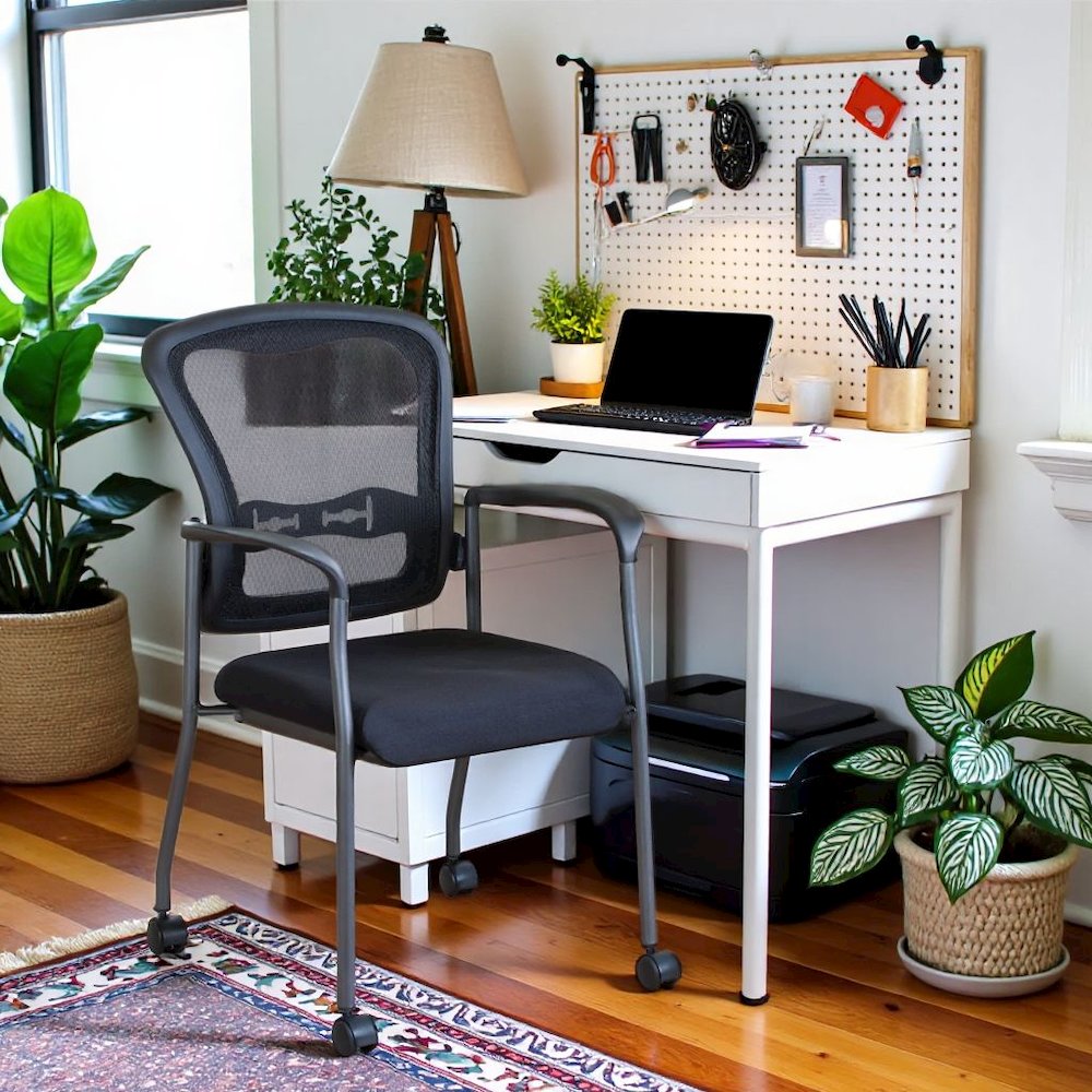Black Guest Chair With Arms – Stackable Chair With Wheels for Offices