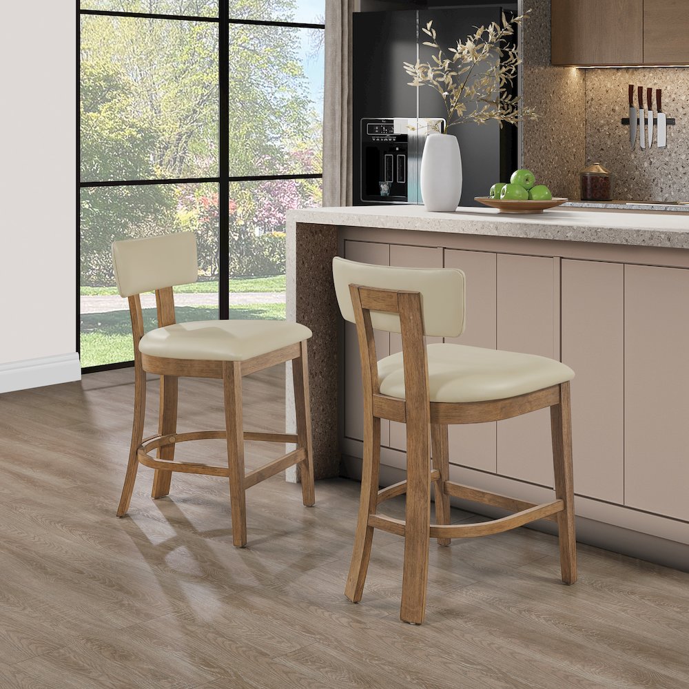 Hanson 26" Counter Stool with Taupe Faux Leather and Medium Oak Wood, 2-Pack