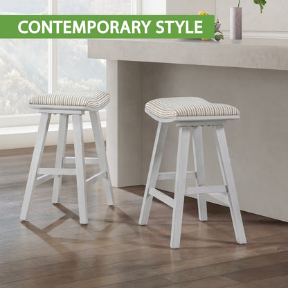 24" Saddle Stool 2-Pack With Cream Pin Stripe Fabric Seat And White Wash Frame