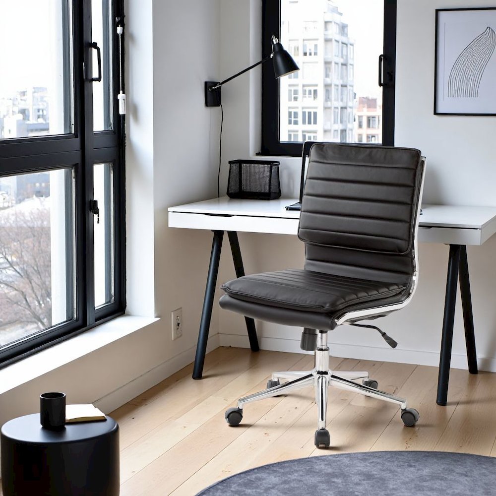 Armless Black Modern Office Chair – Faux Leather Small Desk Seating