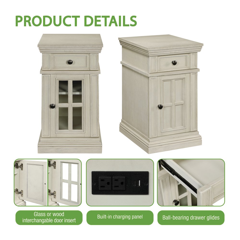 Chair Side Table with 1 Drawer and 1 Glass Door with Power Strip in White Finish