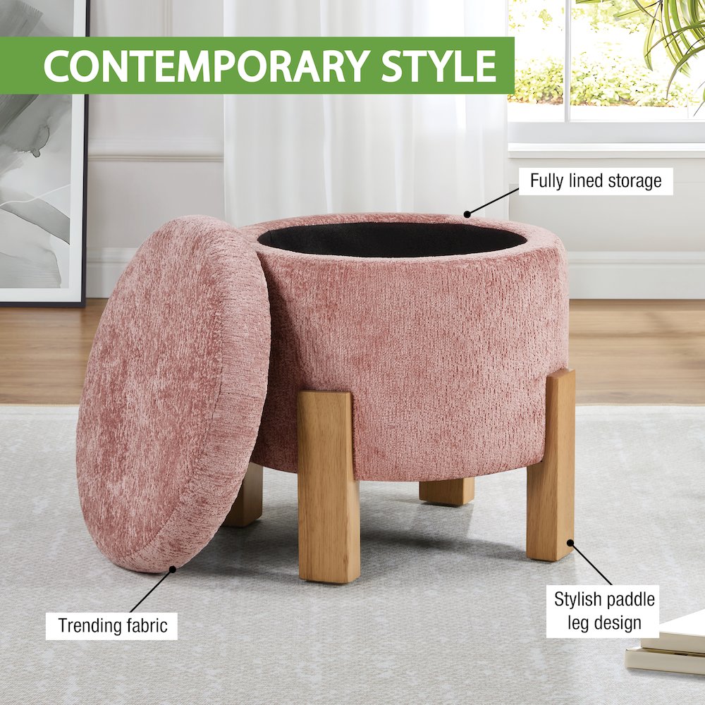 Annie Storage Ottoman in Rose Fabric with Natural Finish Legs