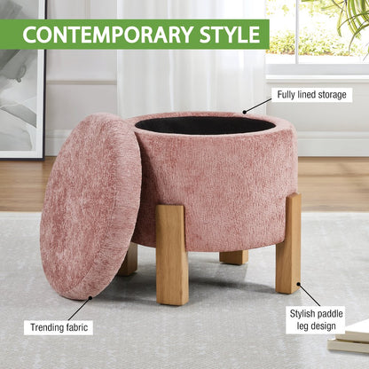 Annie Storage Ottoman in Rose Fabric with Natural Finish Legs