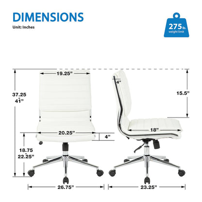 Armless Mid Back Manager's Faux Leather Chair in White with Chrome Base.
