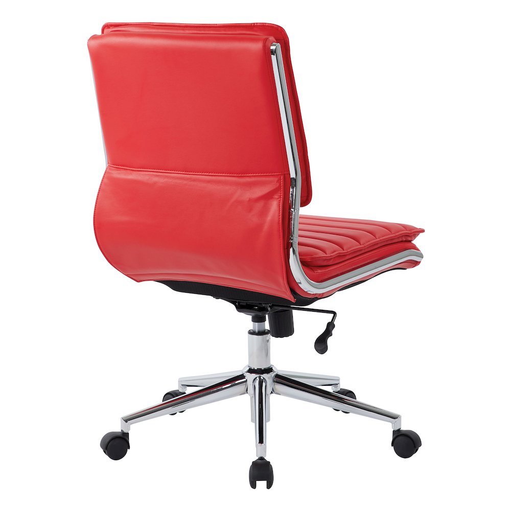 Armless Mid Back Manager's Faux Leather Chair in Red with Chrome Base.