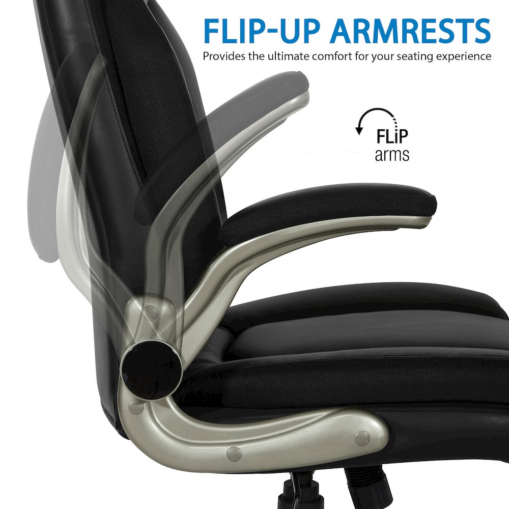 Black Leather Big & Tall Chair with Padded Flip Arms and Titanium Base