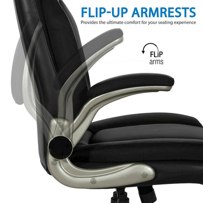 Black Leather Big & Tall Chair with Padded Flip Arms and Titanium Base
