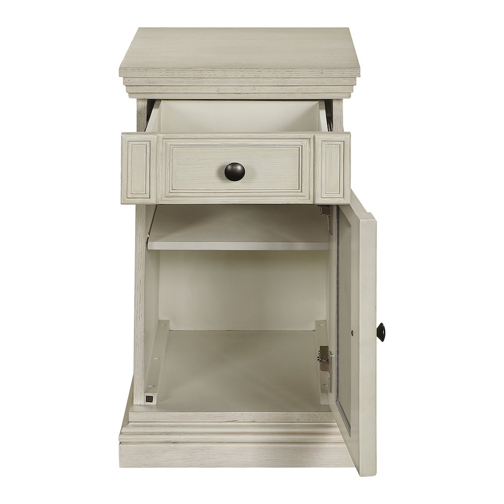 Chair Side Table with 1 Drawer and 1 Glass Door with Power Strip in White Finish