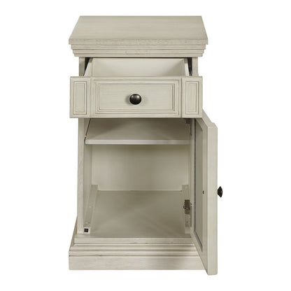 Chair Side Table with 1 Drawer and 1 Glass Door with Power Strip in White Finish