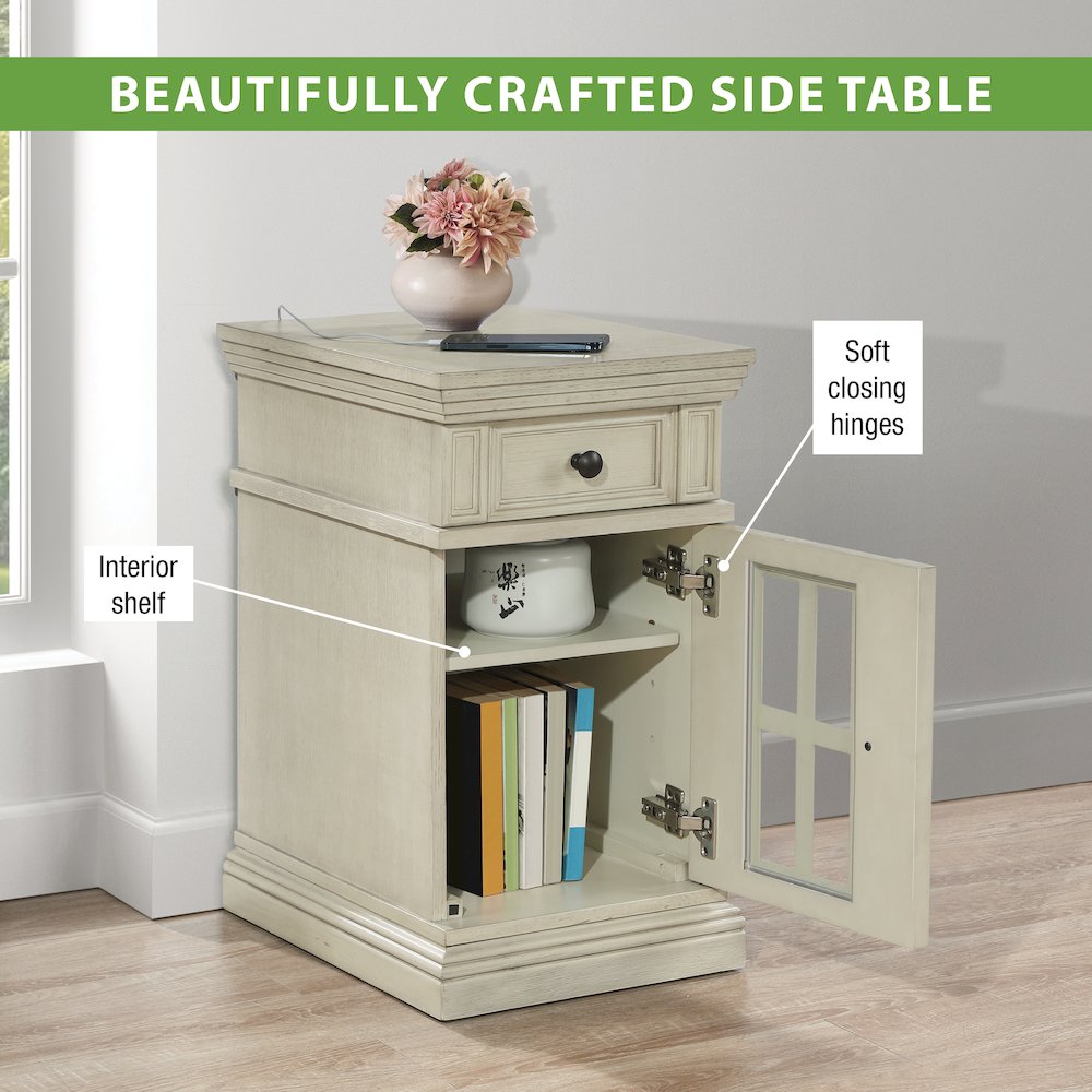 Chair Side Table with 1 Drawer and 1 Glass Door with Power Strip in White Finish