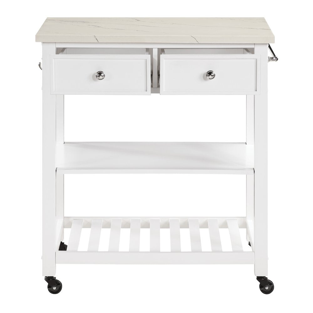 Litchfield Kitchen Cart With Faux Marble Top in White Finish