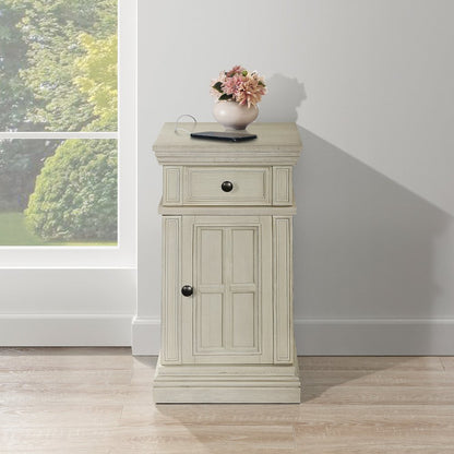 Chair Side Table with 1 Drawer and 1 Glass Door with Power Strip in White Finish