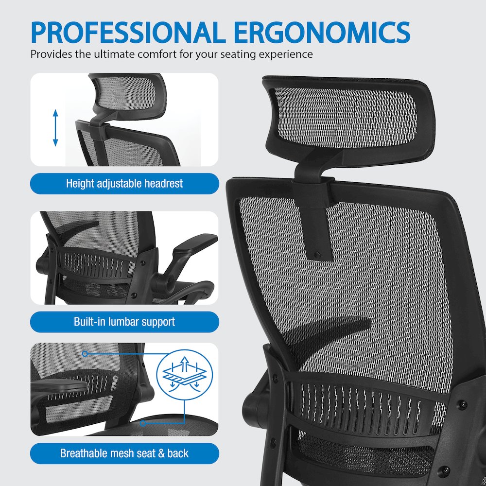 Managers Chair With Mesh Back And Seat And Adjustable Flip Arms And Headrest