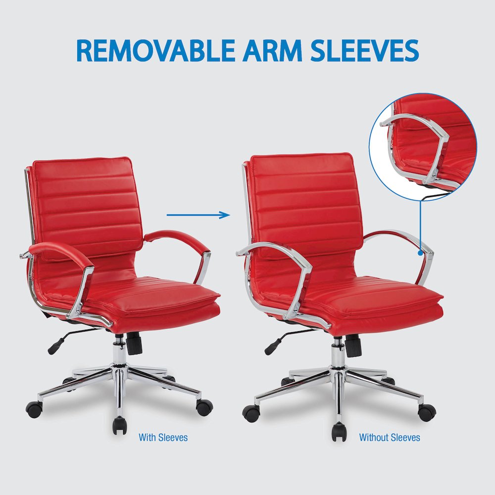 Mid-Back Manager’s Faux Leather Chair with Chrome Base, Removable Arm Sleeves.