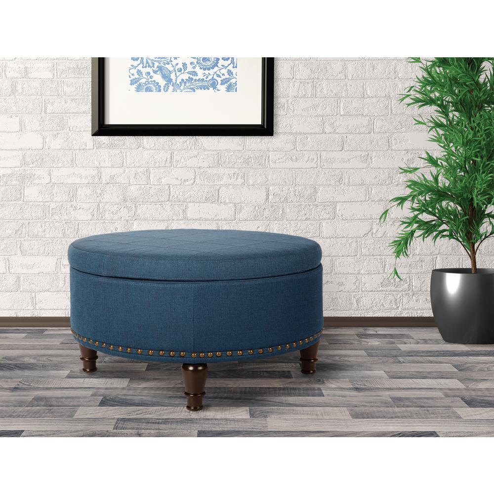 Augusta Round Storage Ottoman in Klein Azure Fabric  with decorative nailheads, BP-AUOT32-K14