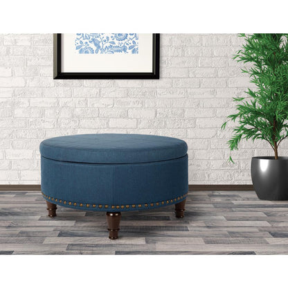 Augusta Round Storage Ottoman in Klein Azure Fabric  with decorative nailheads, BP-AUOT32-K14