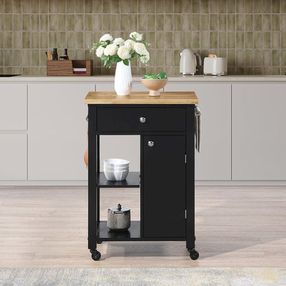 Derry Kitchen Cart with Natural Butcher Block Top With Black Finish