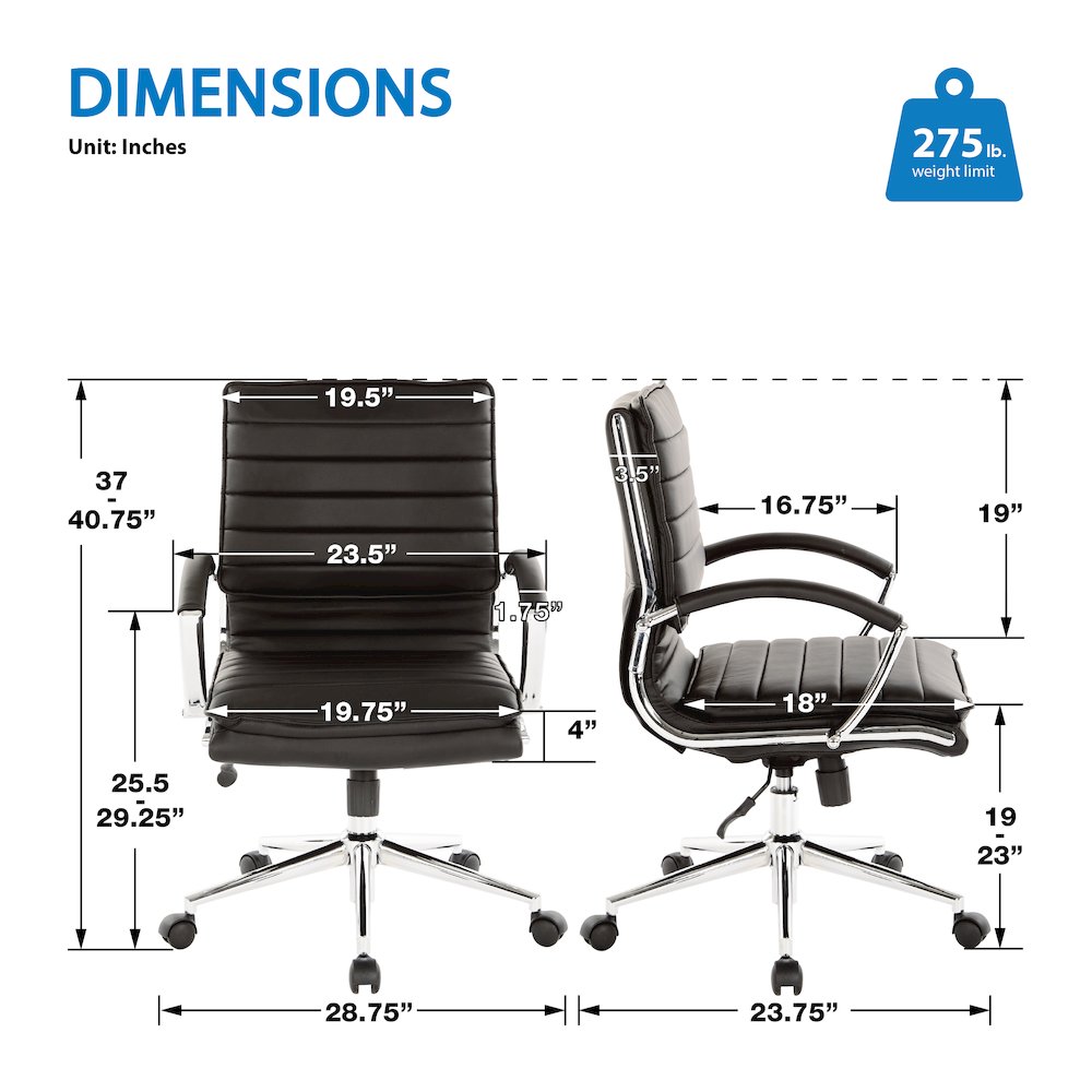 Mid-Back Manager’s Faux Leather Chair with Chrome Base, Removable Arm Sleeves.