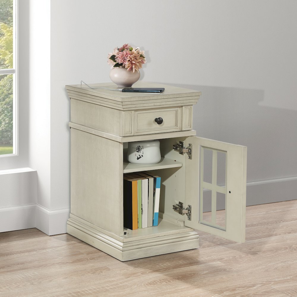 Chair Side Table with 1 Drawer and 1 Glass Door with Power Strip in White Finish