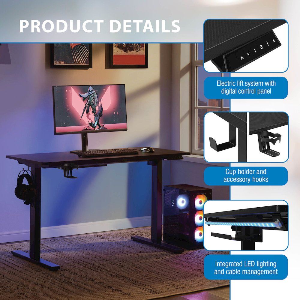 Primo 48" Electric Height Adjustable Gaming Desk in Black Carbon Fiber Finish