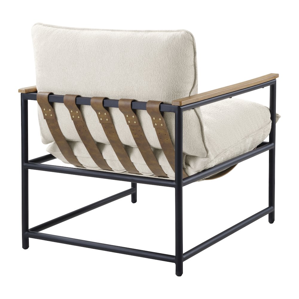 Telly Sling Chair in Ivory Fabric with Oak Wood Arms and Black Steel Frame